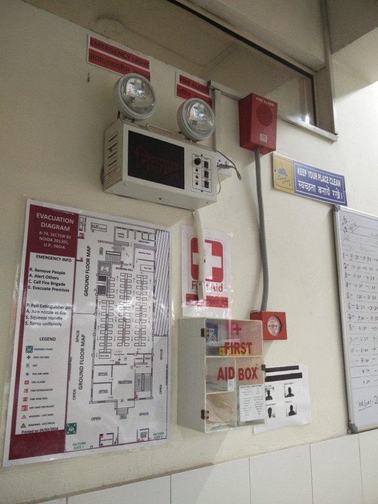 Fire safety equipment installed on every floor at Myra Enterprises factory