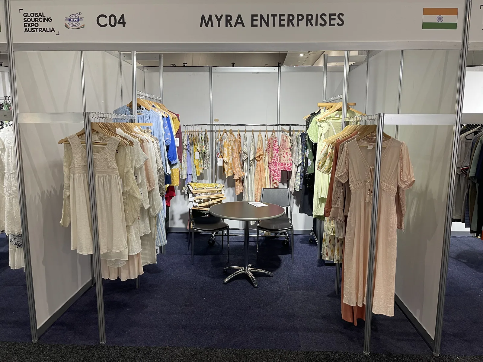 Garment rails being set up at Myra Enterprises stand C04, Global Sourcing Expo Melbourne 2023