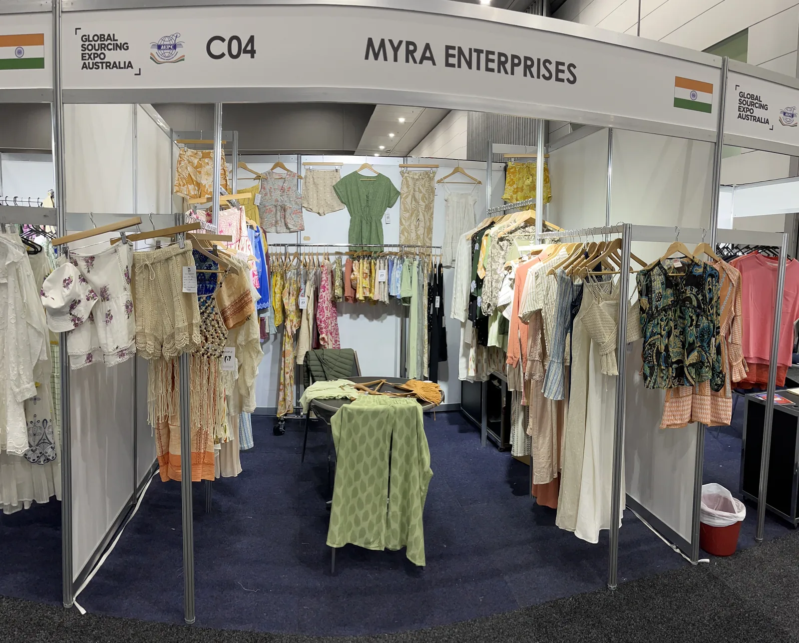 Womenswear samples at Myra Enterprises stand C04, Melbourne Exhibition Centre 2023