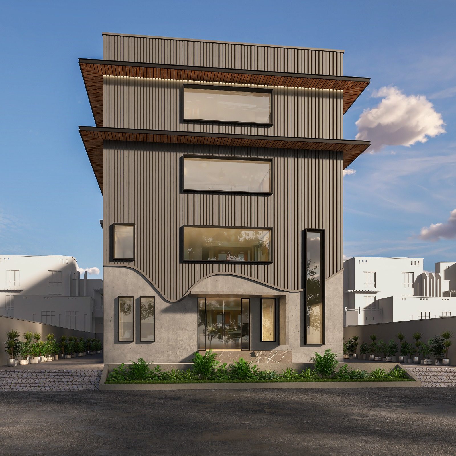 Architectural rendering of the planned facade upgradation at Myra Enterprises factory, Noida