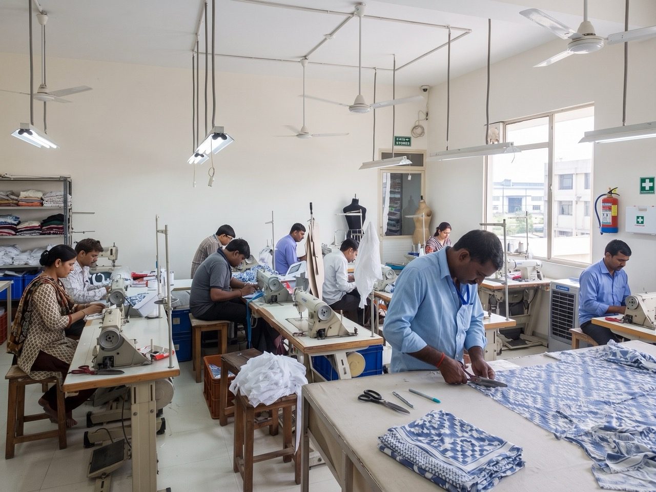 Sampling machinists developing prototype garments at Myra Enterprises