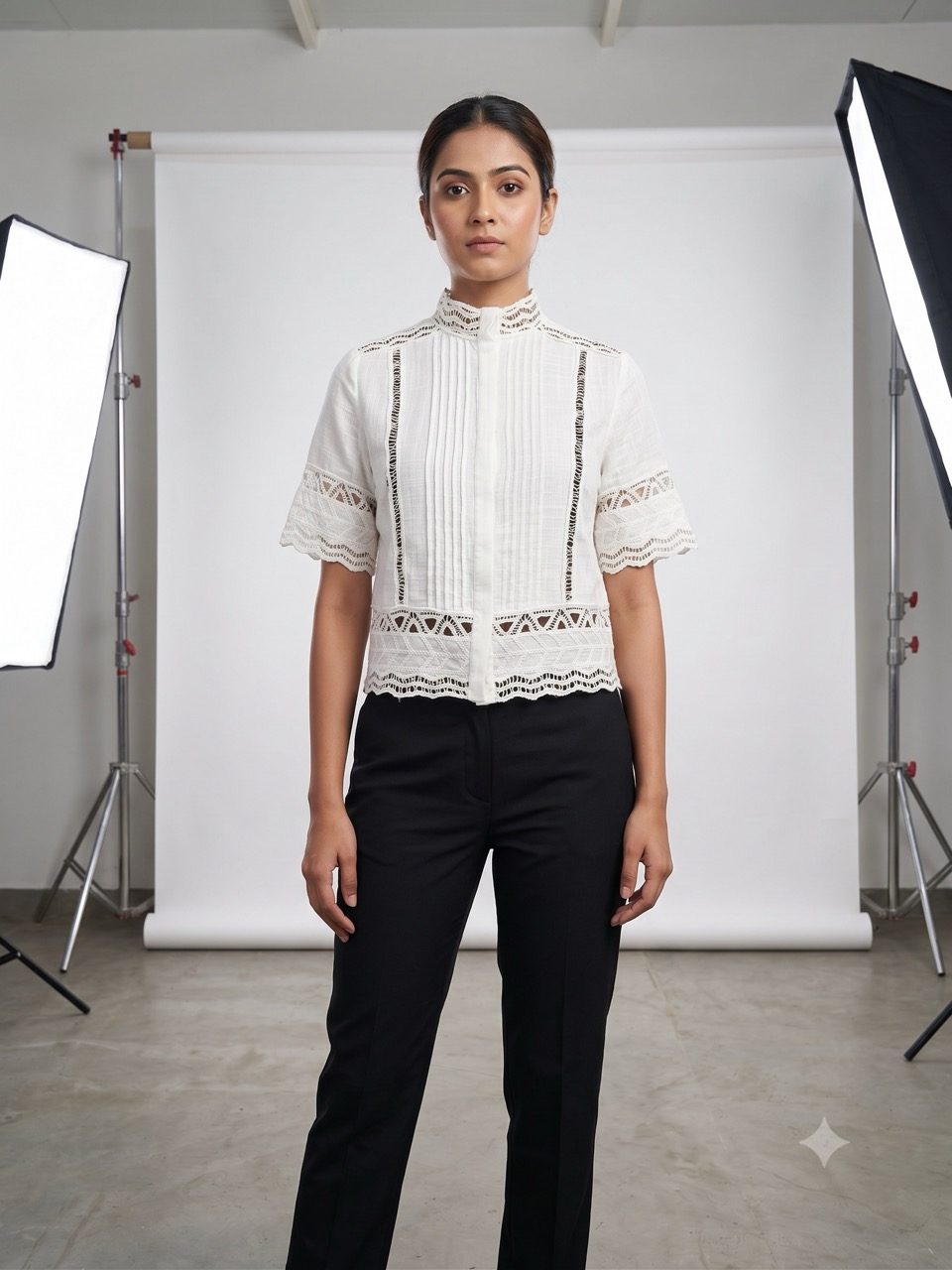 Woman wearing a white woven cotton top with pintucks and lace trim, manufactured by Myra Enterprises, Noida India